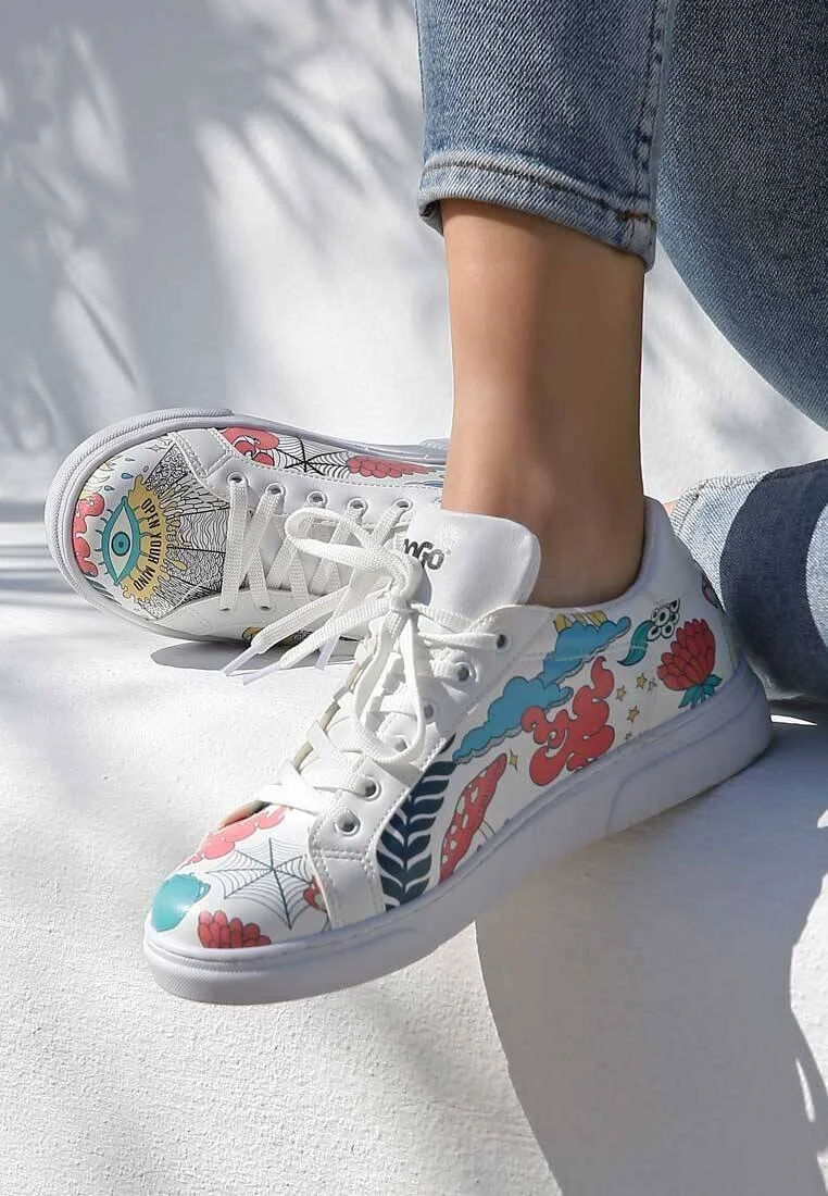 Femme Cuir Vegan Blanc Baskets - Open Your Mind Motif