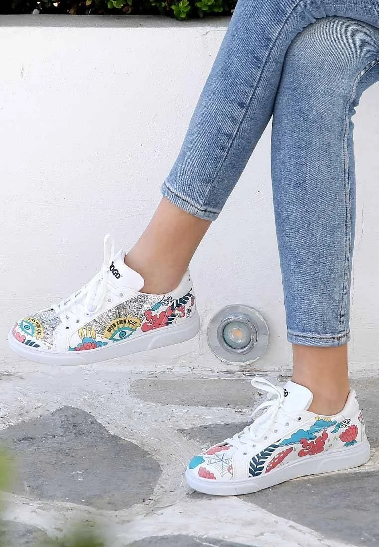 Femme Cuir Vegan Blanc Baskets - Open Your Mind Motif