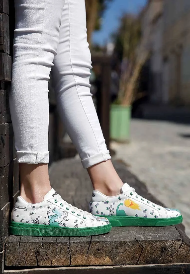 Femme Cuir Vegan Blanc Baskets - Life Goes On Motif