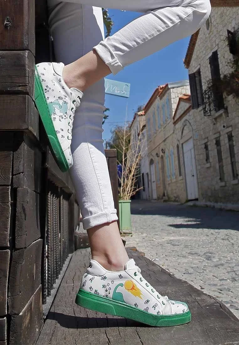 Femme Cuir Vegan Blanc Baskets - Life Goes On Motif