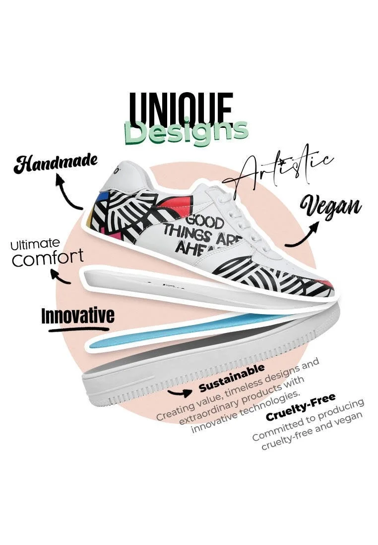Femme Cuir Vegan Blanc Baskets - Painting in Harmony Motif