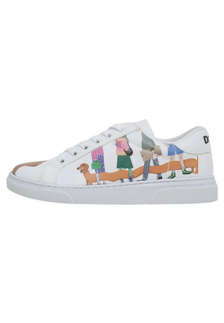 Femme Cuir Vegan Blanc Baskets - Mini Puppy Motif