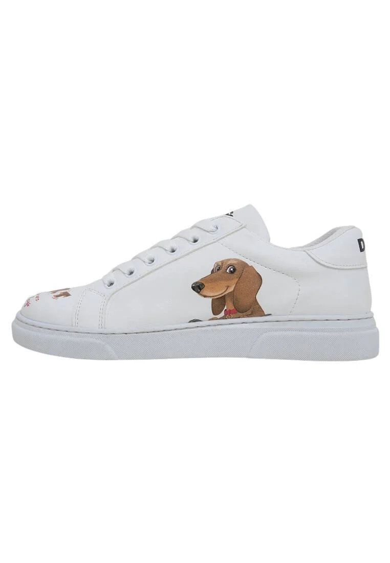 Femme Cuir Vegan Blanc Baskets - Mini Puppy Motif