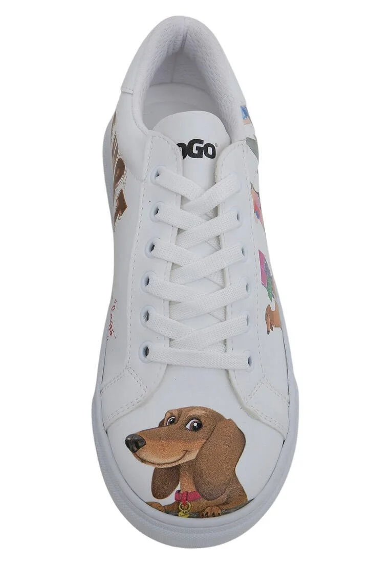 Femme Cuir Vegan Blanc Baskets - Mini Puppy Motif
