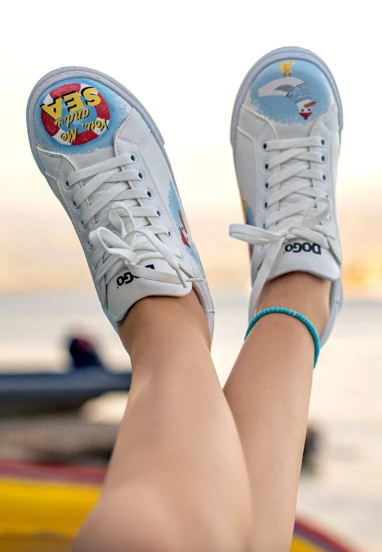Femme Cuir Vegan Blanc Baskets - You, Me and the Sea Motif