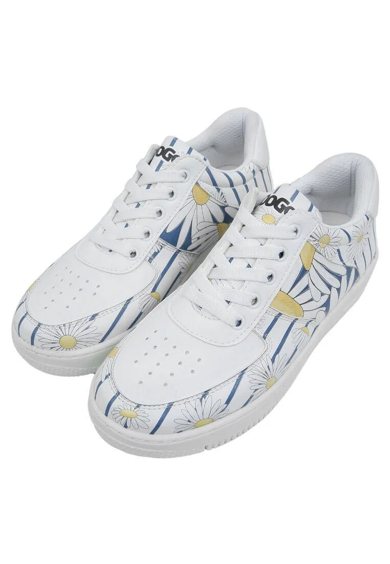 Femme Cuir Vegan Blanc Baskets - Daisy Stripes Motif