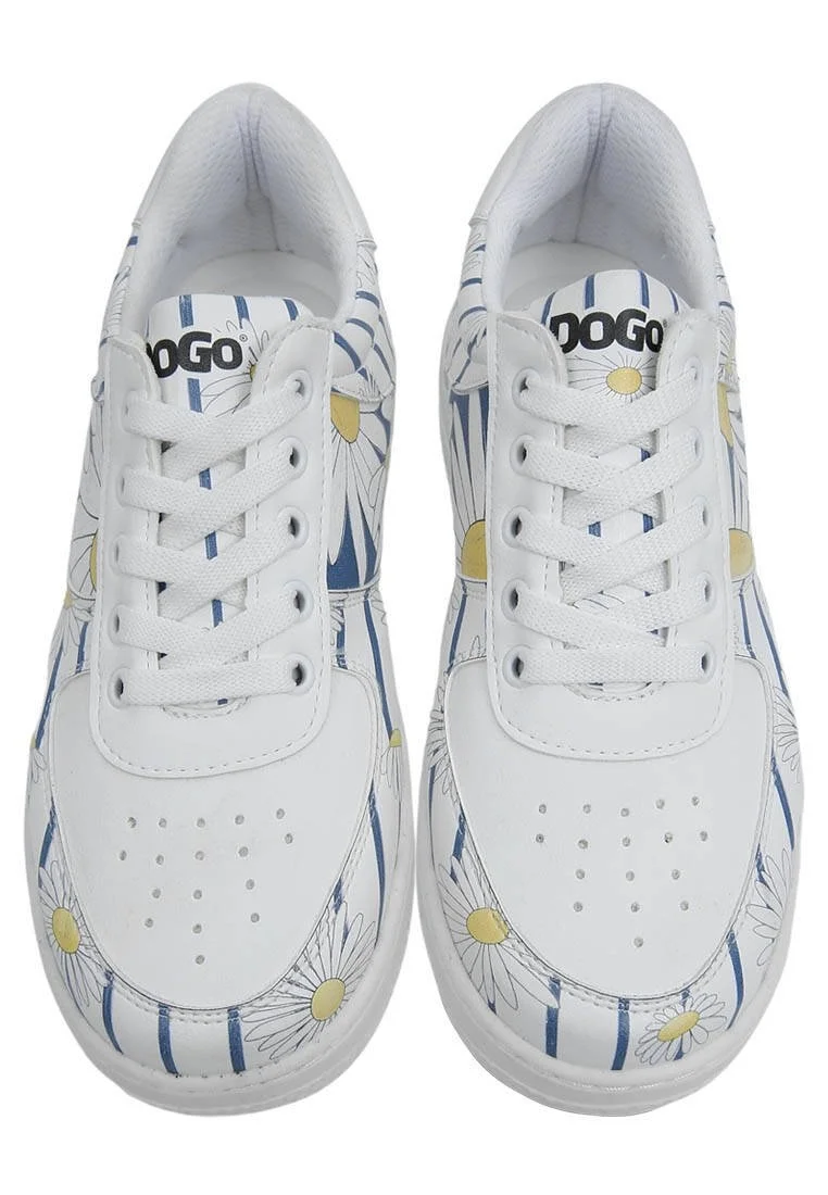 Femme Cuir Vegan Blanc Baskets - Daisy Stripes Motif