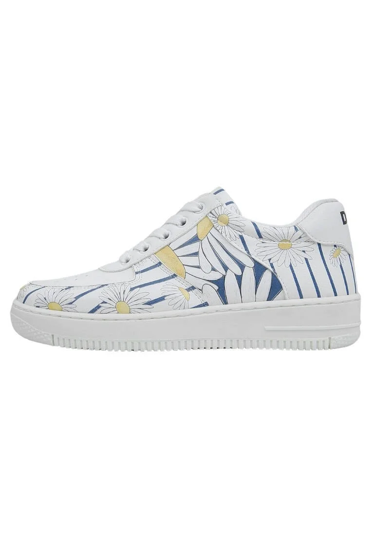 Femme Cuir Vegan Blanc Baskets - Daisy Stripes Motif