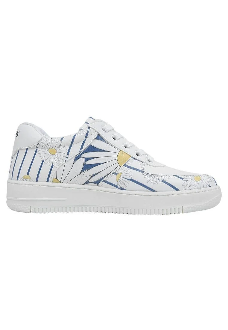 Femme Cuir Vegan Blanc Baskets - Daisy Stripes Motif