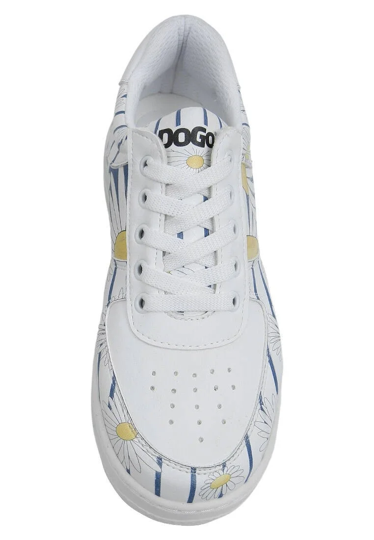 Femme Cuir Vegan Blanc Baskets - Daisy Stripes Motif