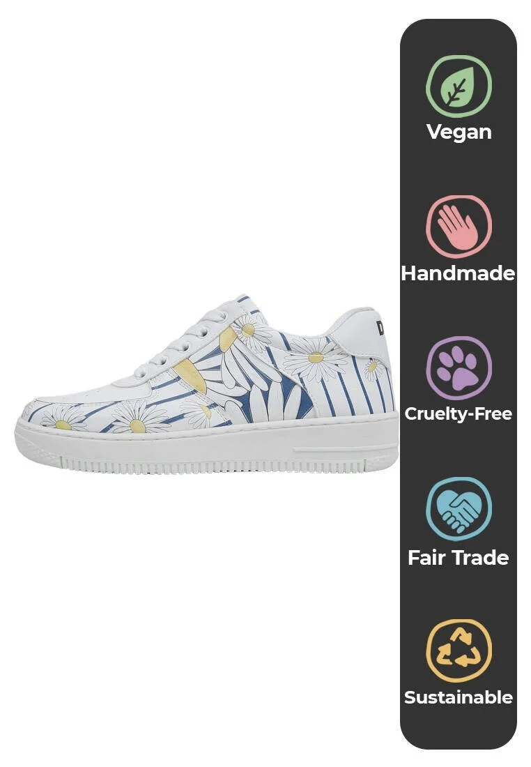 Femme Cuir Vegan Blanc Baskets - Daisy Stripes Motif