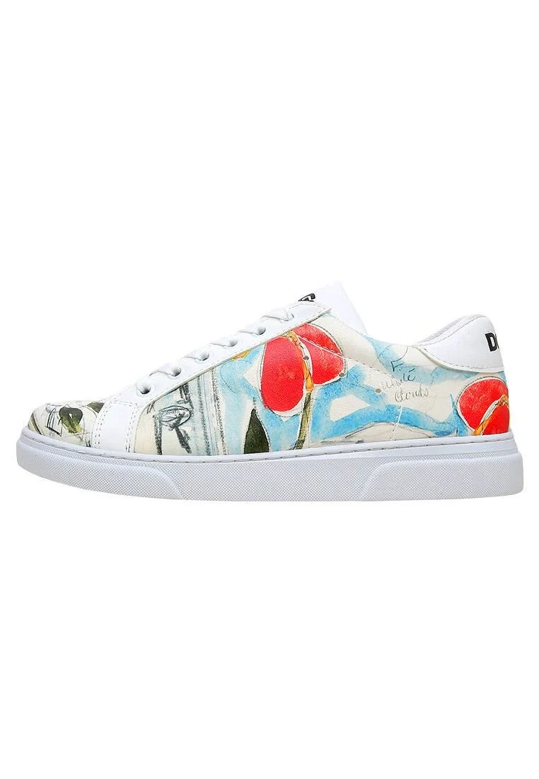 Femme Cuir Vegan Blanc Baskets - Hartley's Flower Motif