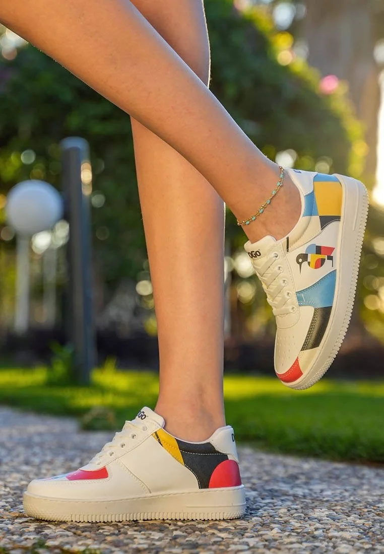 Femme Cuir Vegan Blanc Baskets - Bauhaus Birdie Motif