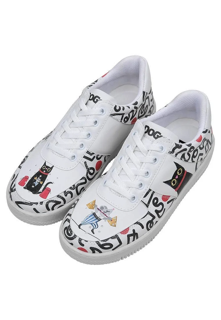 Femme Cuir Vegan Blanc Baskets - Cat and Mouse Motif