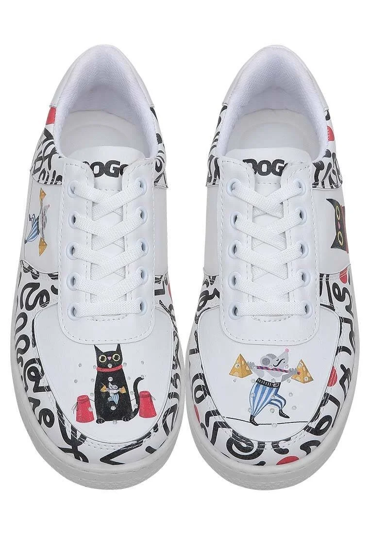 Femme Cuir Vegan Blanc Baskets - Cat and Mouse Motif