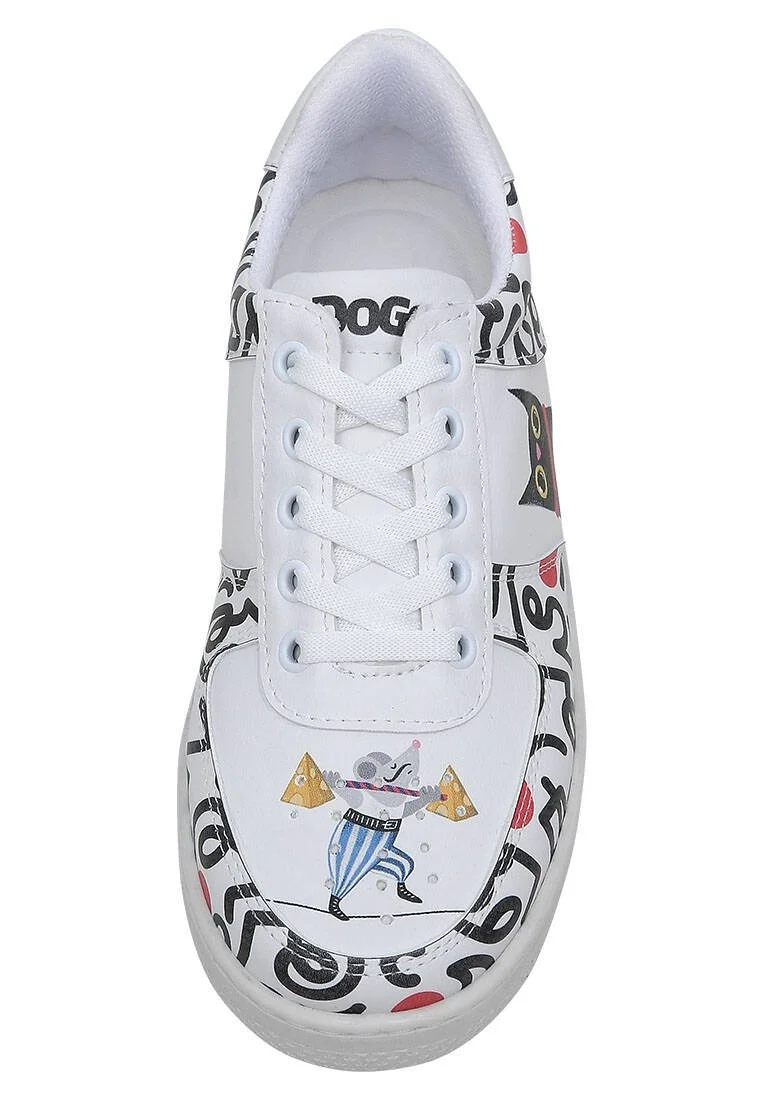 Femme Cuir Vegan Blanc Baskets - Cat and Mouse Motif