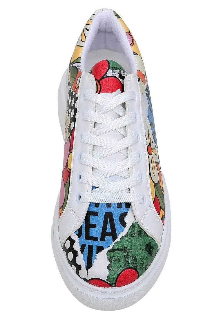 Femme Cuir Vegan Blanc Baskets - Creative Mess Motif