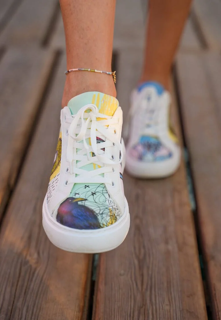 Femme Cuir Vegan Blanc Baskets - I was here Motif Femme Cuir Vegan Blanc Baskets - I was here Motif