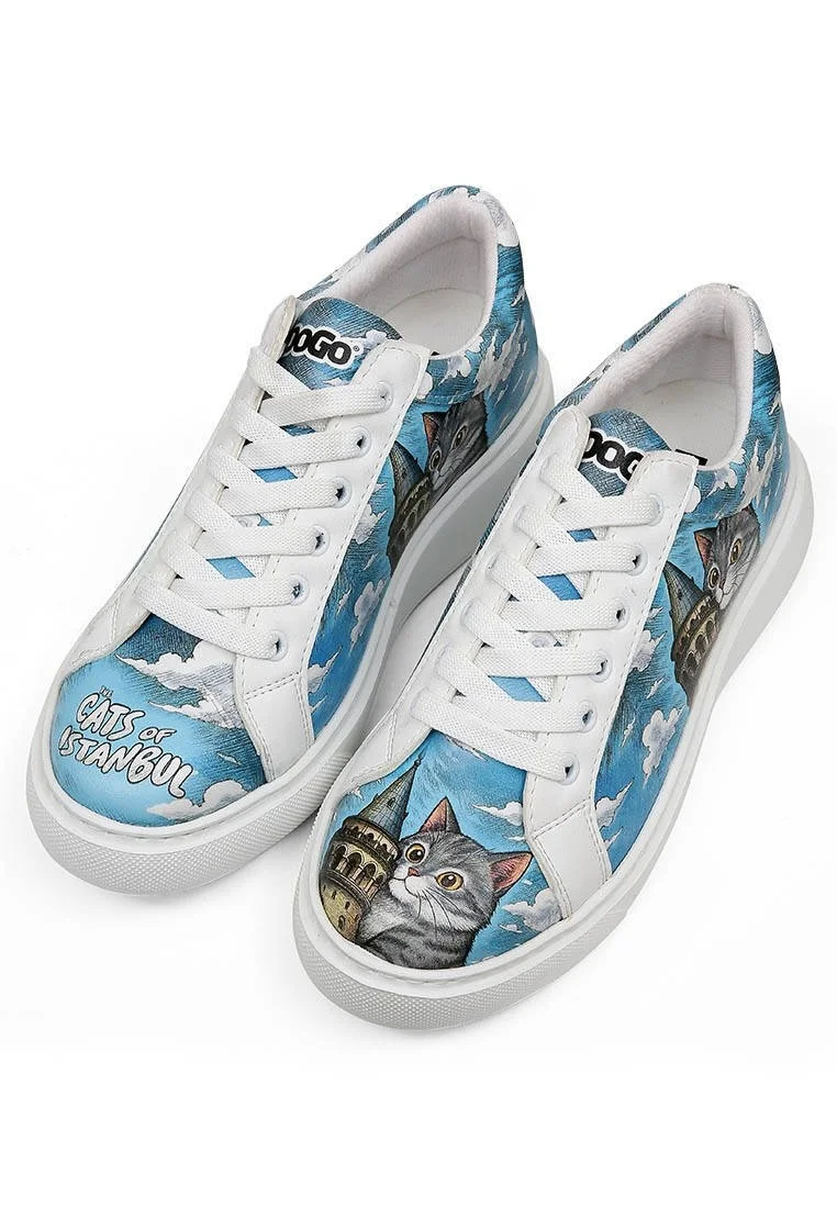 Femme Cuir Vegan Blanc Baskets - Galata Cat Motif