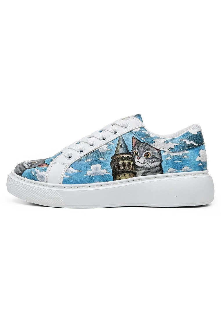 Femme Cuir Vegan Blanc Baskets - Galata Cat Motif