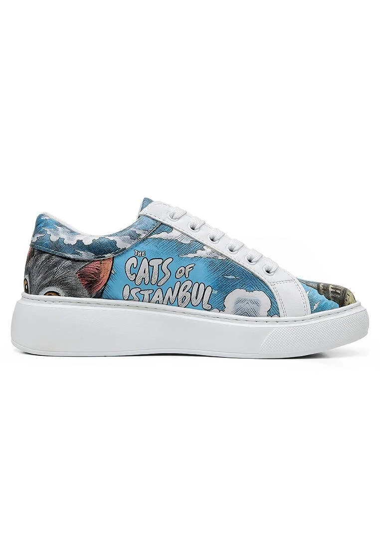 Femme Cuir Vegan Blanc Baskets - Galata Cat Motif