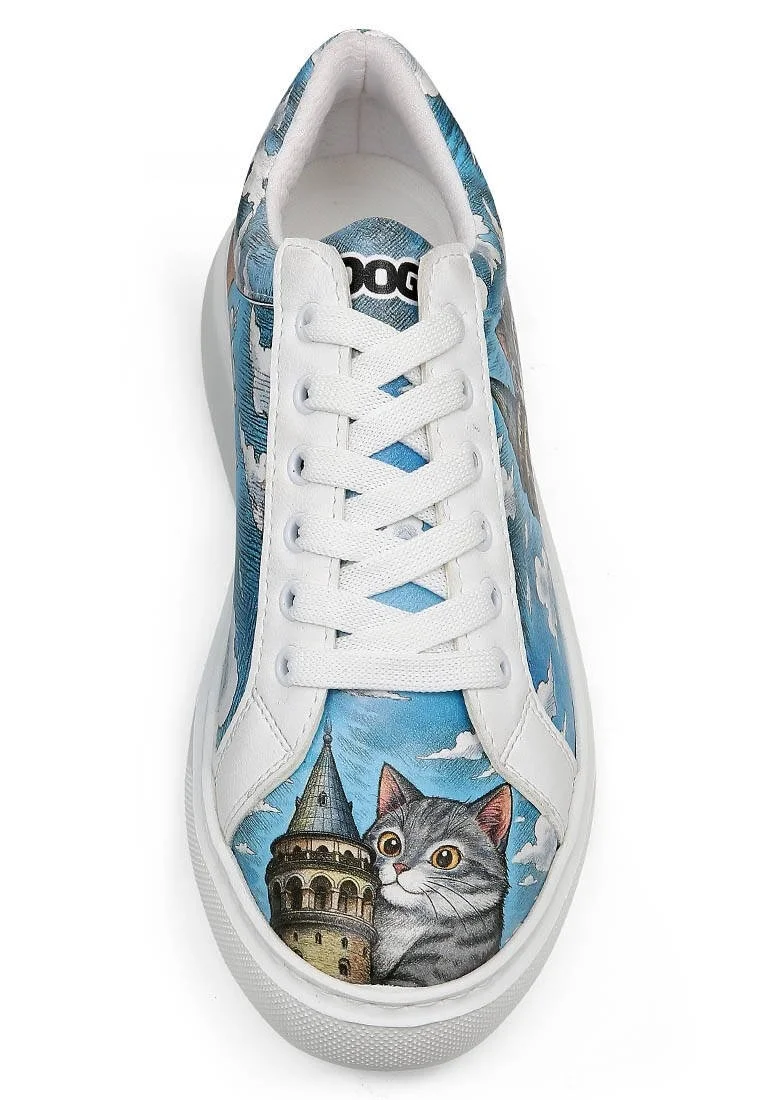 Femme Cuir Vegan Blanc Baskets - Galata Cat Motif