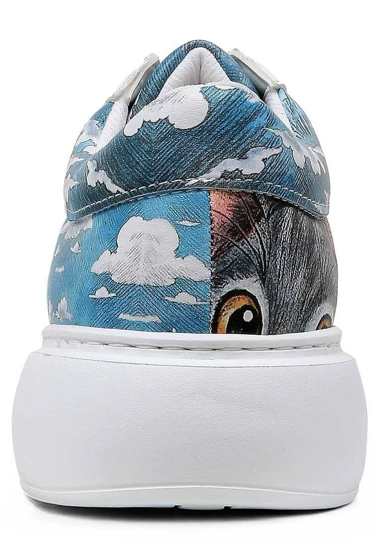 Femme Cuir Vegan Blanc Baskets - Galata Cat Motif