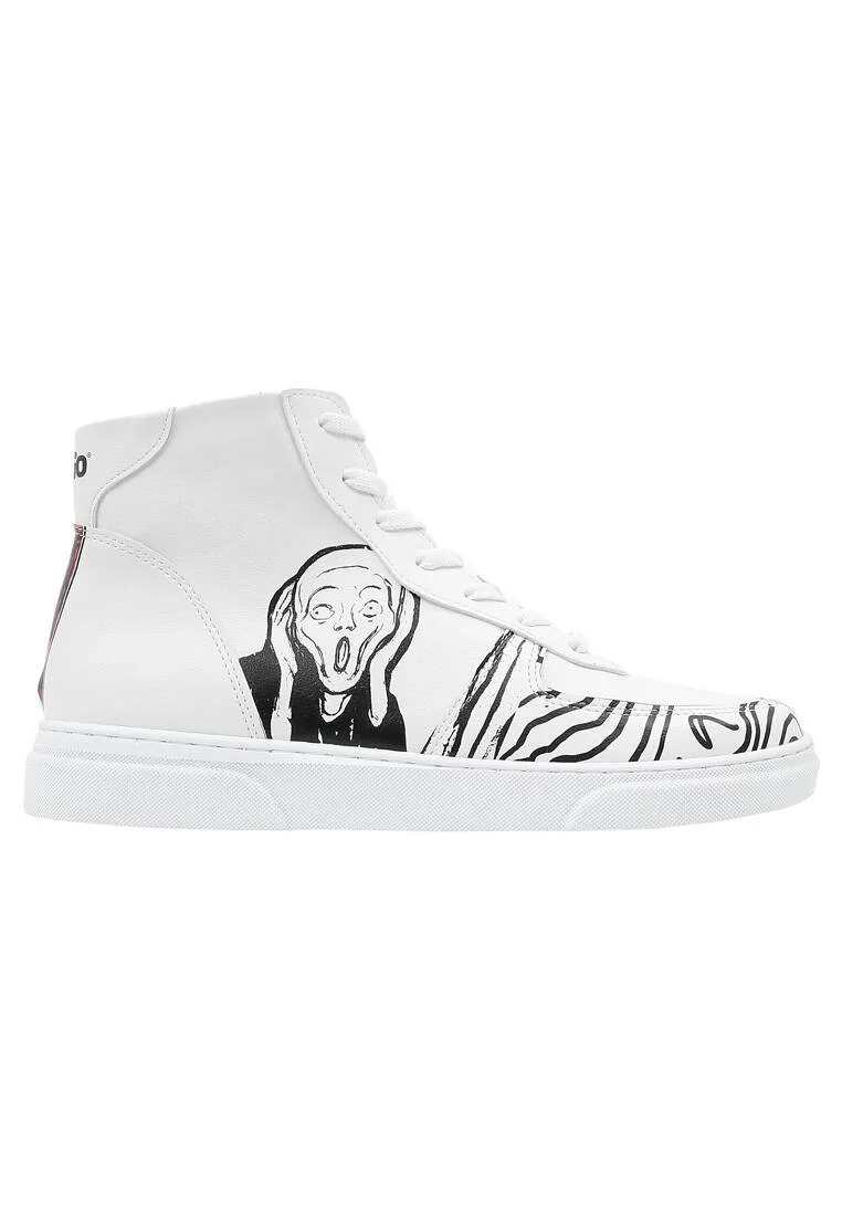 Femme Cuir Vegan Blanc Baskets Hautes - Edvard Munch The Scream Muse Motif