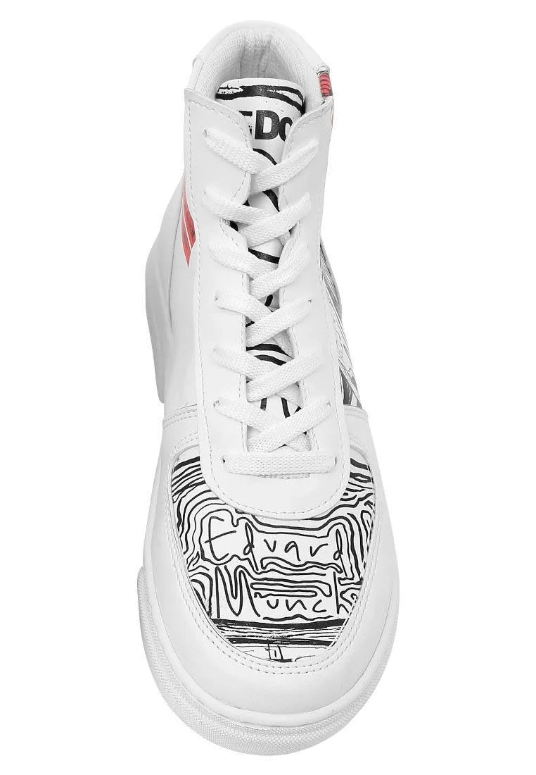 Femme Cuir Vegan Blanc Baskets Hautes - Edvard Munch The Scream Muse Motif
