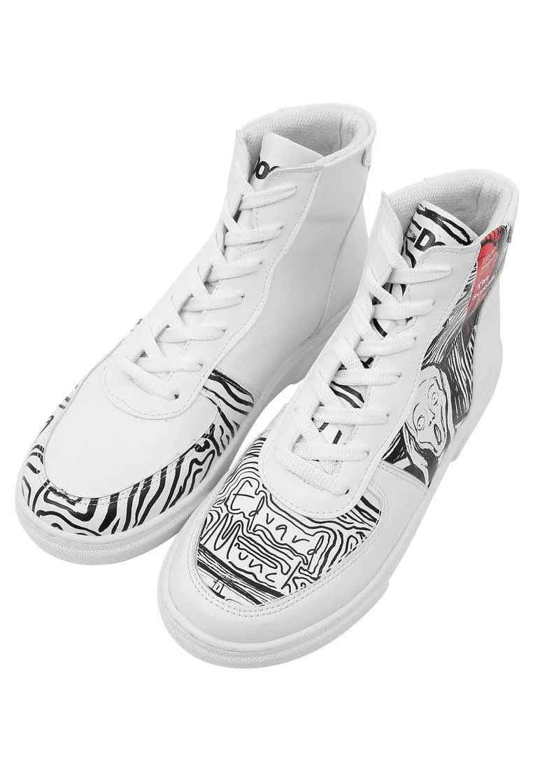 Femme Cuir Vegan Blanc Baskets Hautes - Edvard Munch The Scream Muse Motif