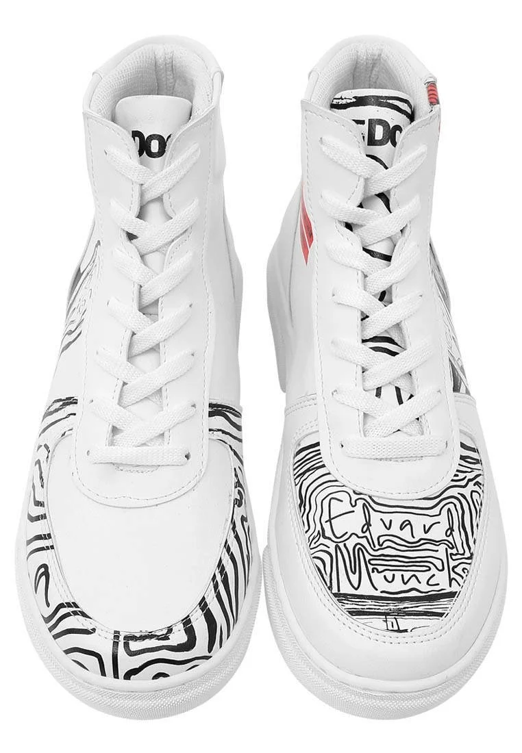 Femme Cuir Vegan Blanc Baskets Hautes - Edvard Munch The Scream Muse Motif