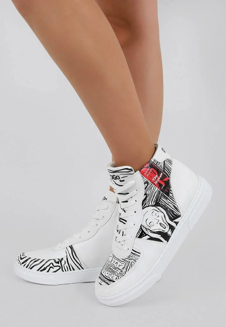Femme Cuir Vegan Blanc Baskets Hautes - Edvard Munch The Scream Muse Motif
