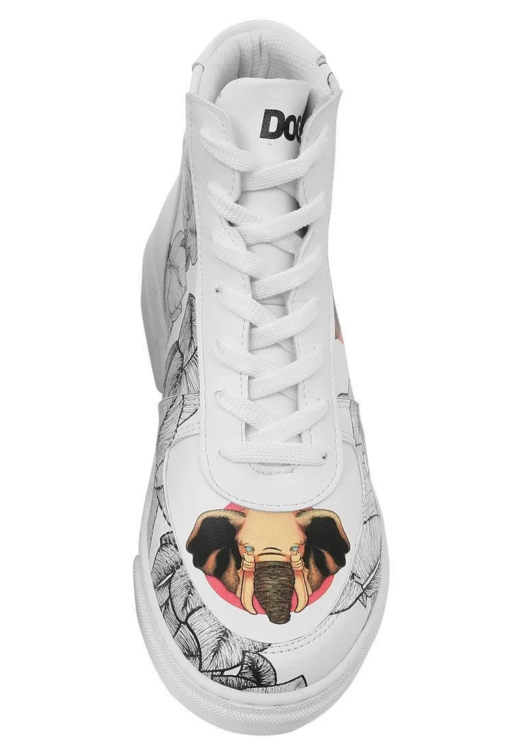 Femme Cuir Vegan Blanc Baskets Hautes - Elephants Never Forget Motif