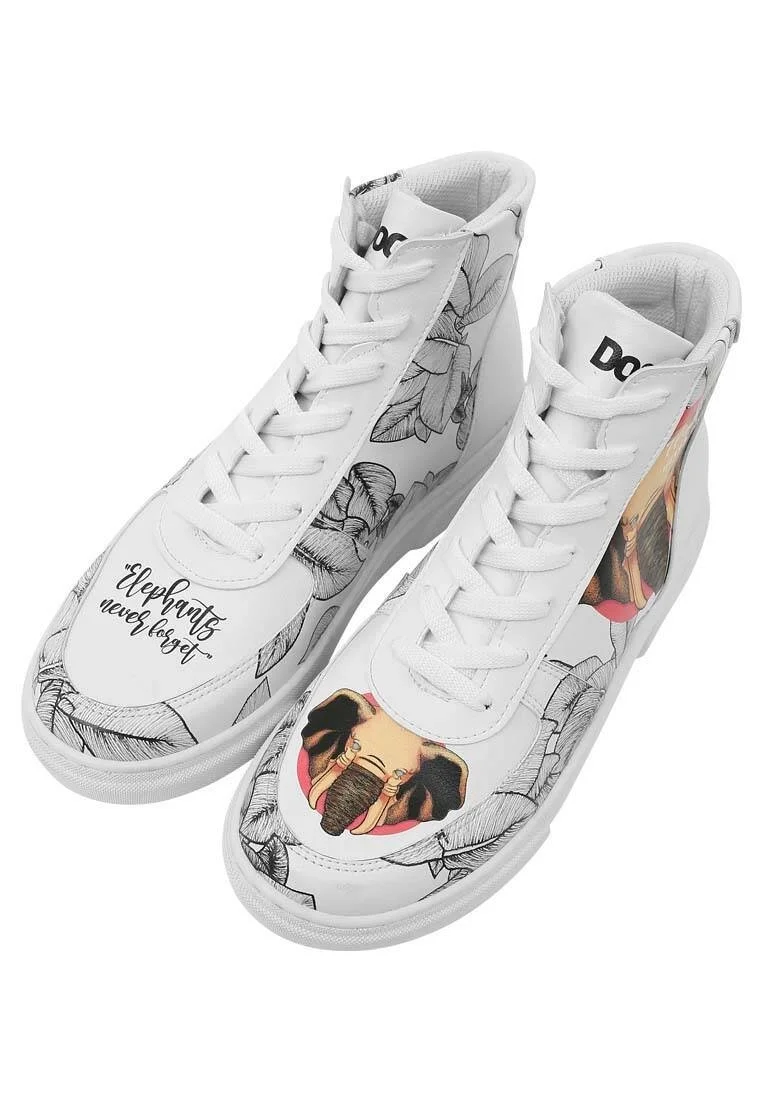 Femme Cuir Vegan Blanc Baskets Hautes - Elephants Never Forget Motif