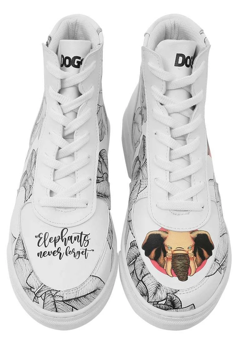 Femme Cuir Vegan Blanc Baskets Hautes - Elephants Never Forget Motif