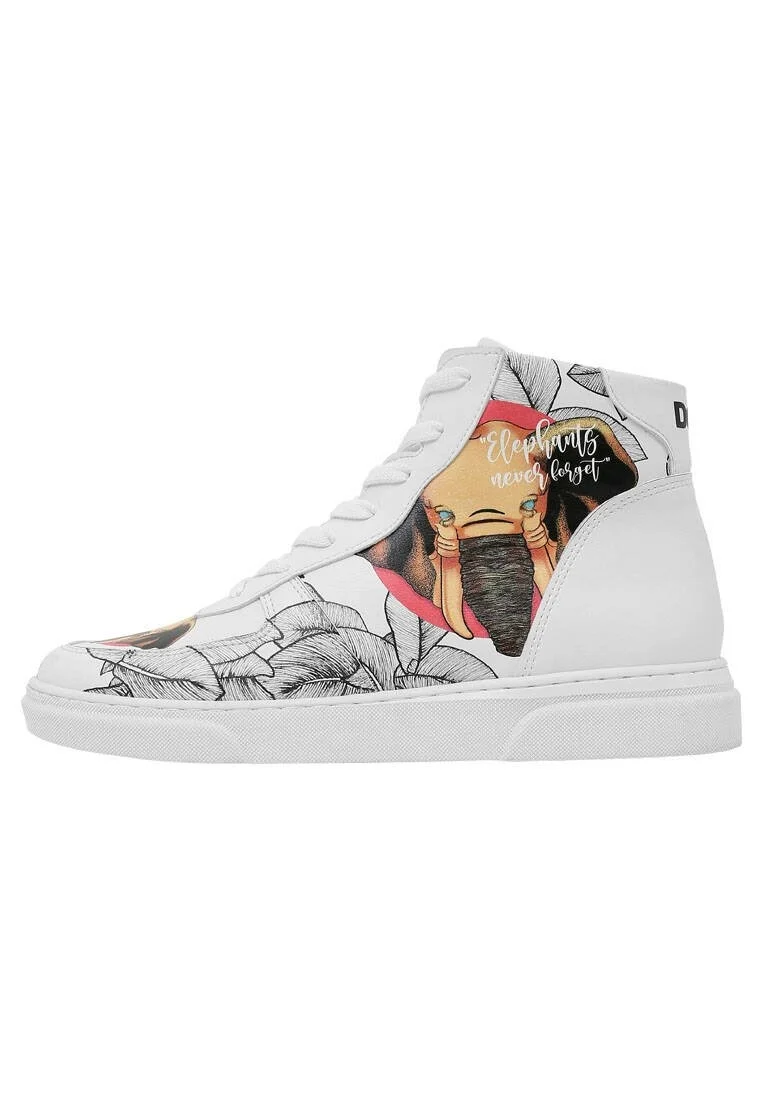 Femme Cuir Vegan Blanc Baskets Hautes - Elephants Never Forget Motif