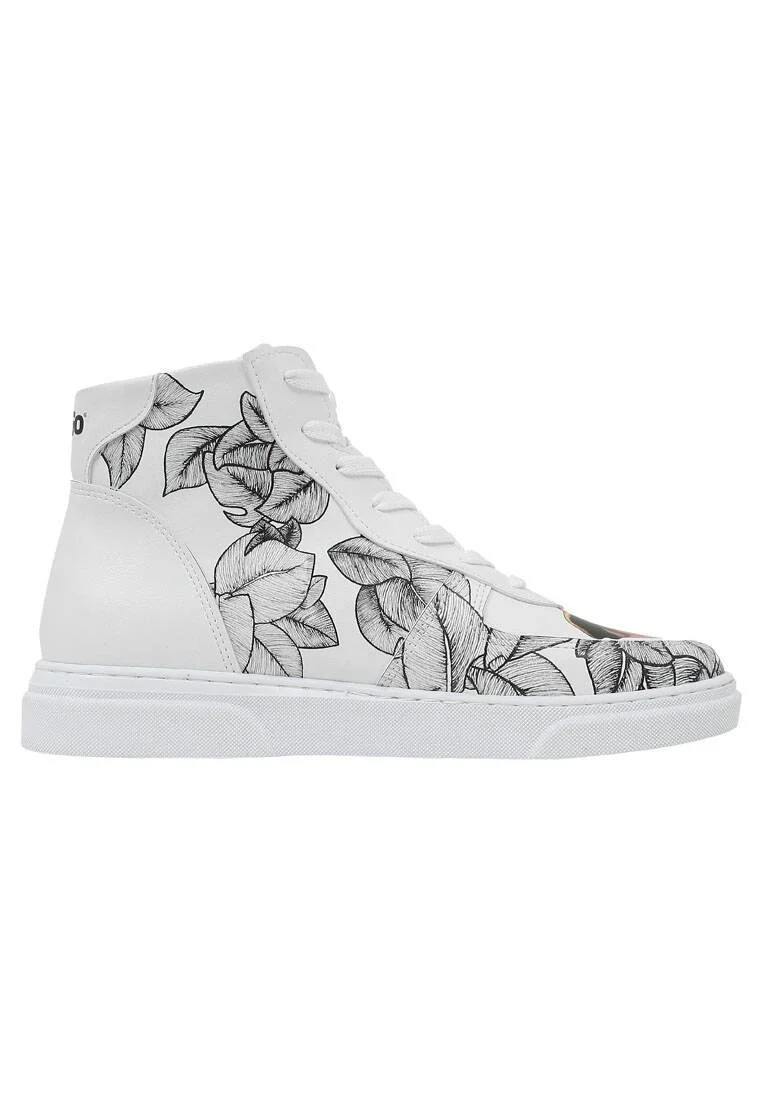 Femme Cuir Vegan Blanc Baskets Hautes - Elephants Never Forget Motif