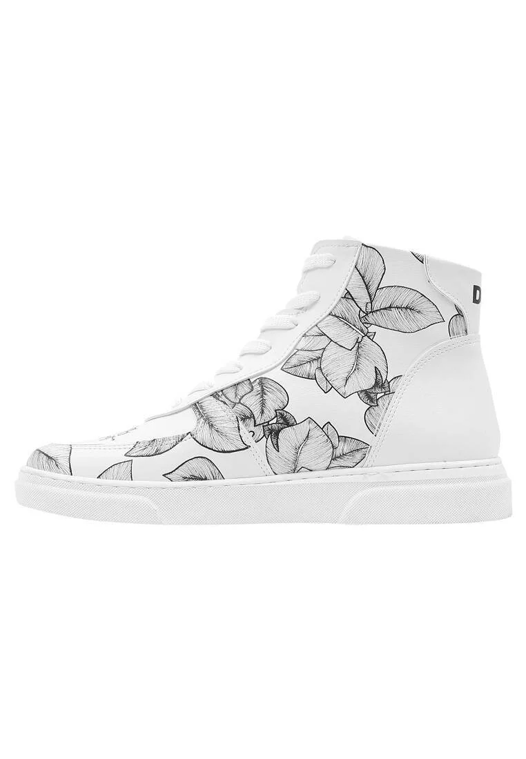 Femme Cuir Vegan Blanc Baskets Hautes - Elephants Never Forget Motif