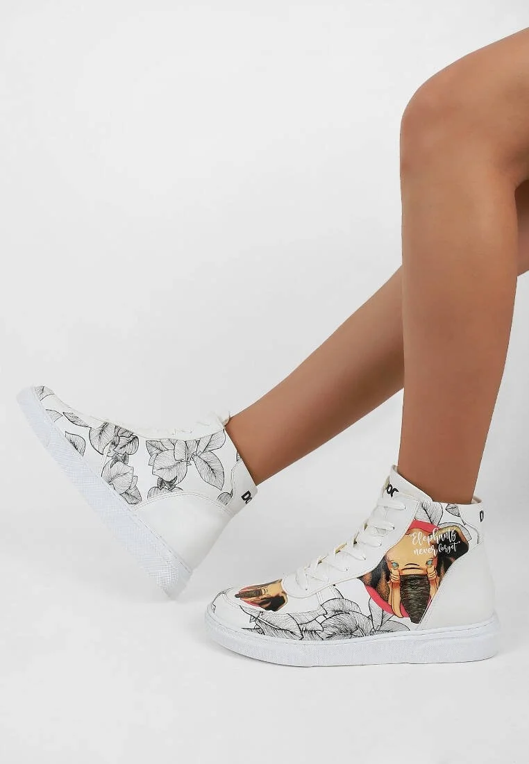 Femme Cuir Vegan Blanc Baskets Hautes - Elephants Never Forget Motif