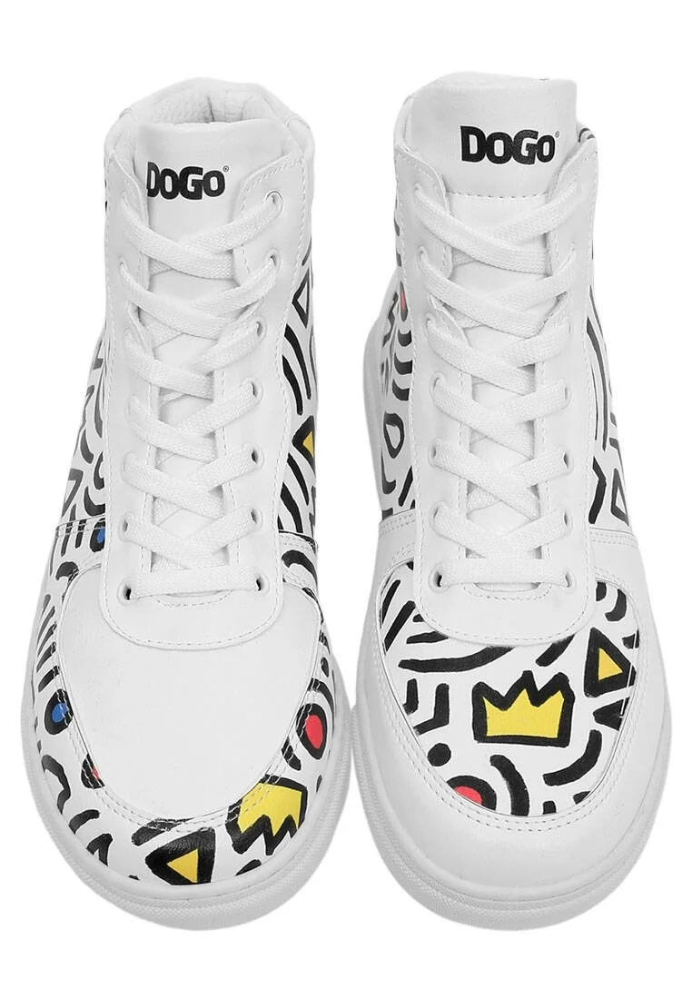 Femme Cuir Vegan Blanc Baskets Hautes - Abstract Outline Blanc Motif