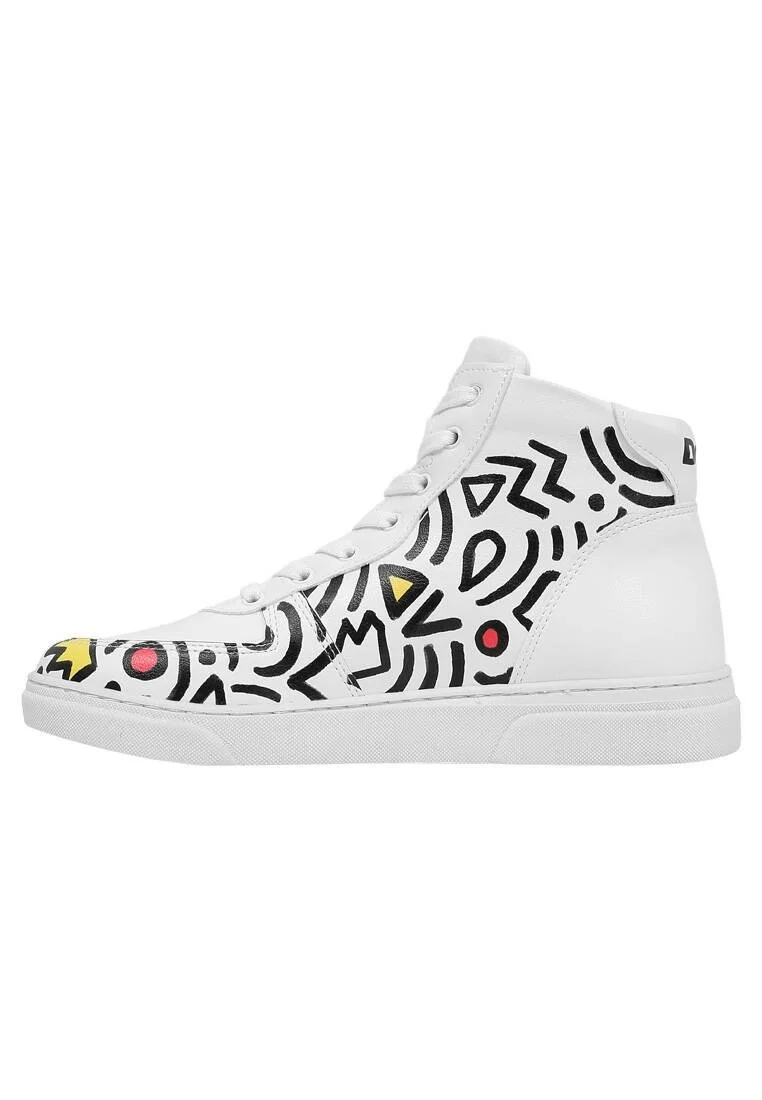 Femme Cuir Vegan Blanc Baskets Hautes - Abstract Outline Blanc Motif
