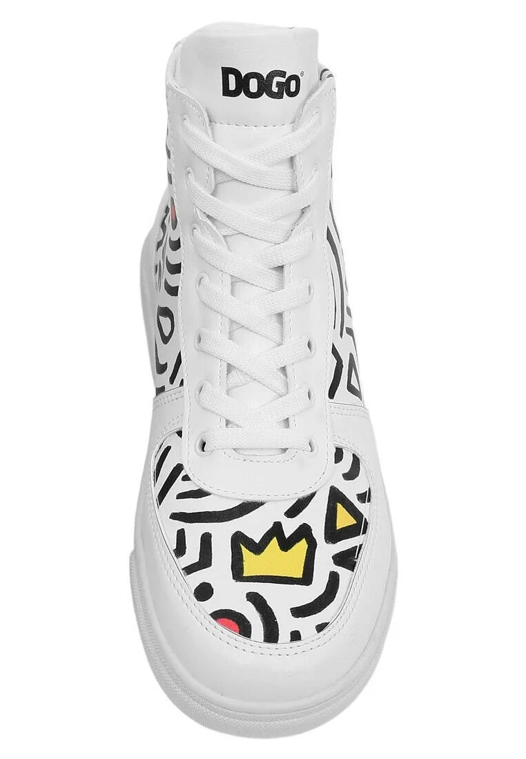Femme Cuir Vegan Blanc Baskets Hautes - Abstract Outline Blanc Motif