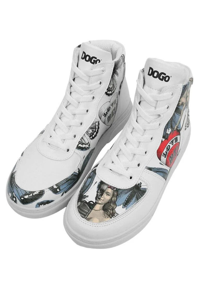 Femme Cuir Vegan Blanc Baskets Hautes - Love Me Motif