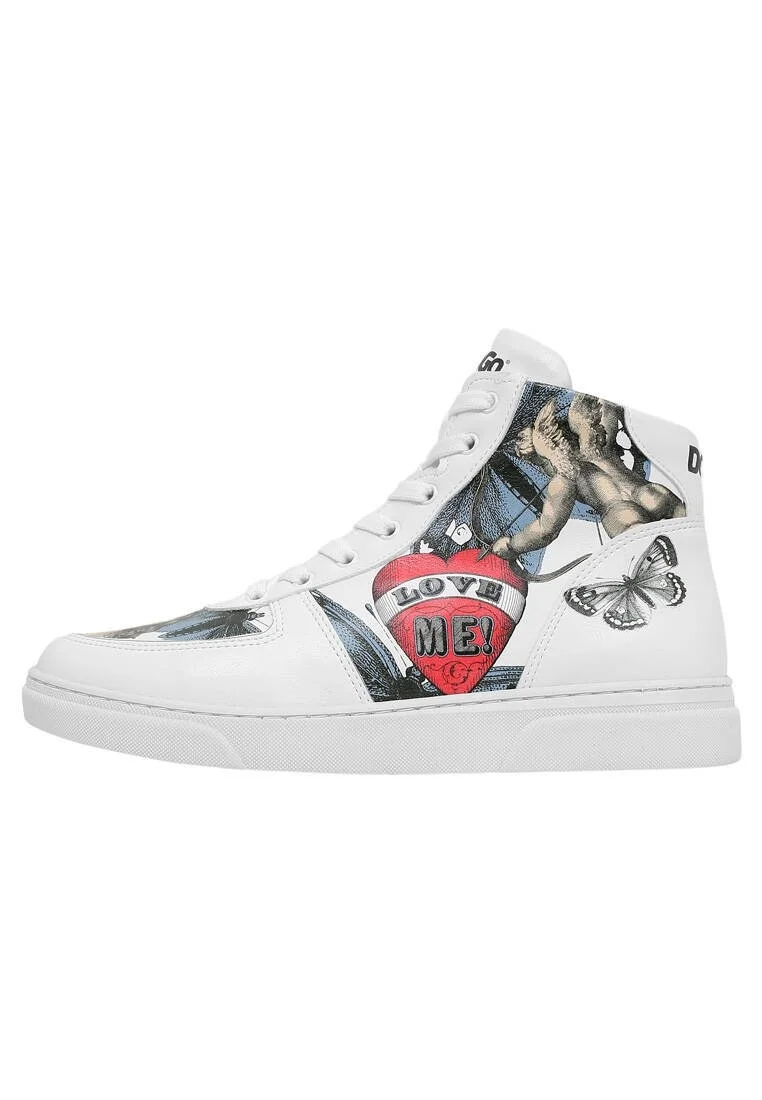 Femme Cuir Vegan Blanc Baskets Hautes - Love Me Motif