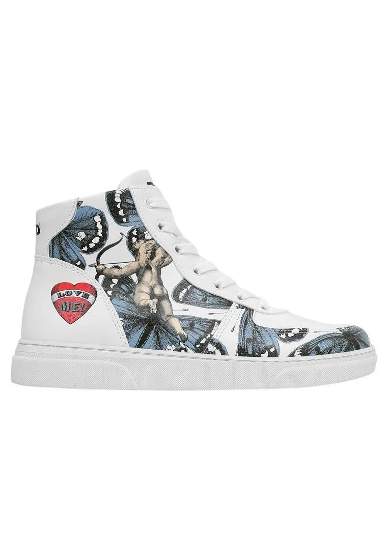Femme Cuir Vegan Blanc Baskets Hautes - Love Me Motif