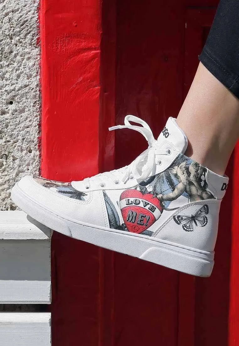 Femme Cuir Vegan Blanc Baskets Hautes - Love Me Motif