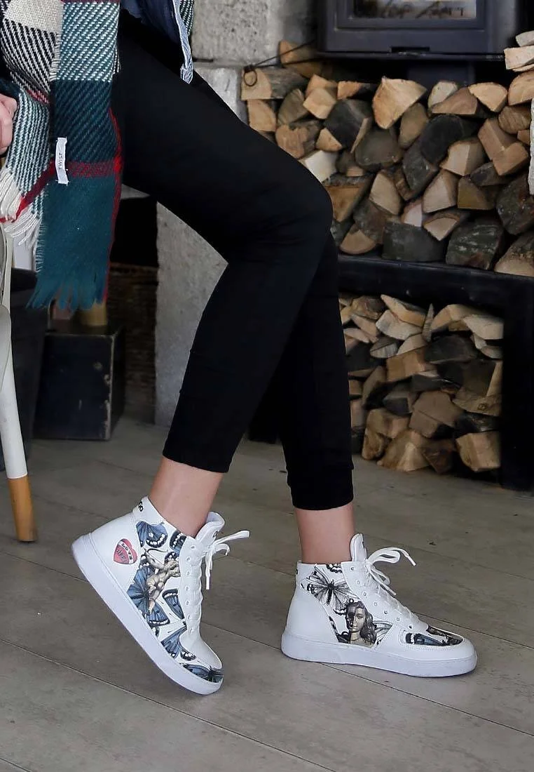 Femme Cuir Vegan Blanc Baskets Hautes - Love Me Motif