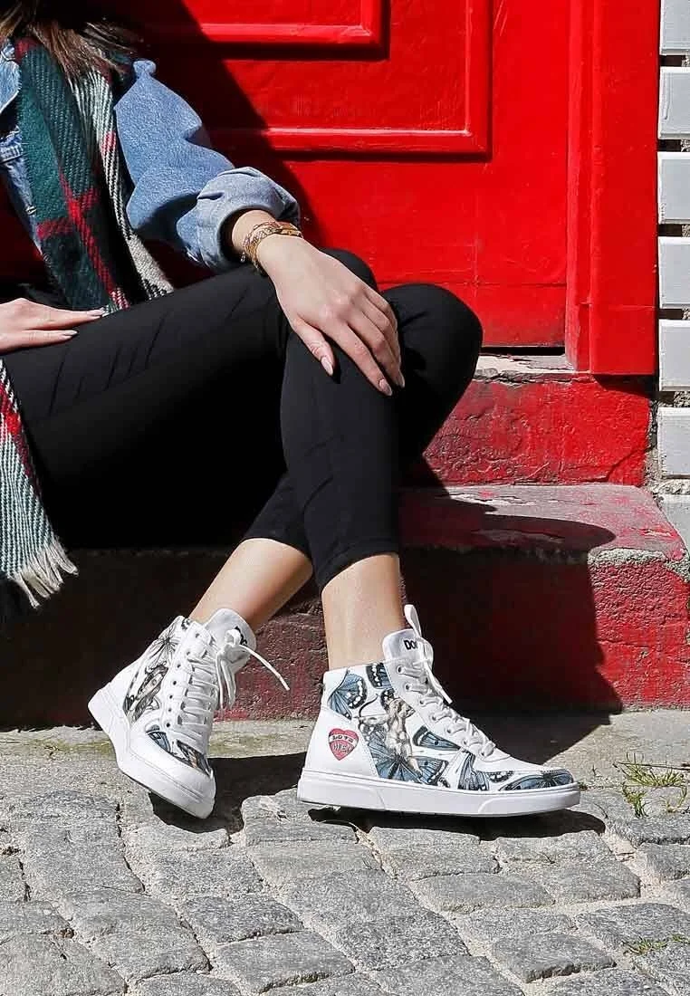 Femme Cuir Vegan Blanc Baskets Hautes - Love Me Motif
