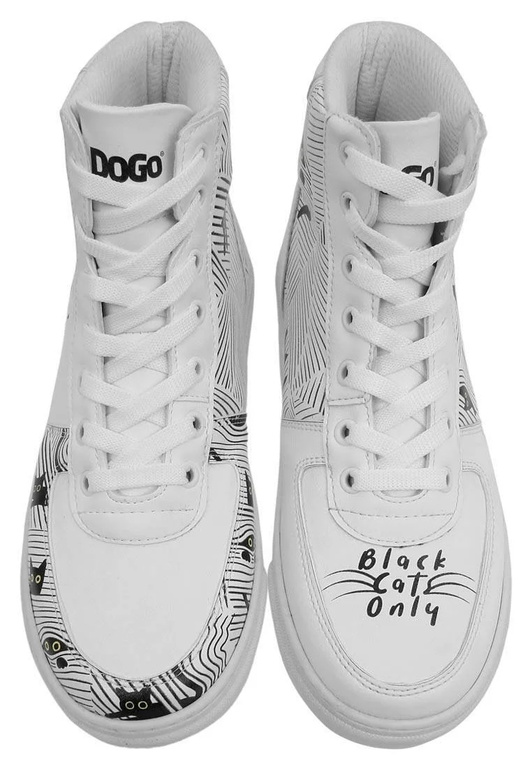 Femme Cuir Vegan Blanc Baskets Hautes - Black Cats Only Motif
