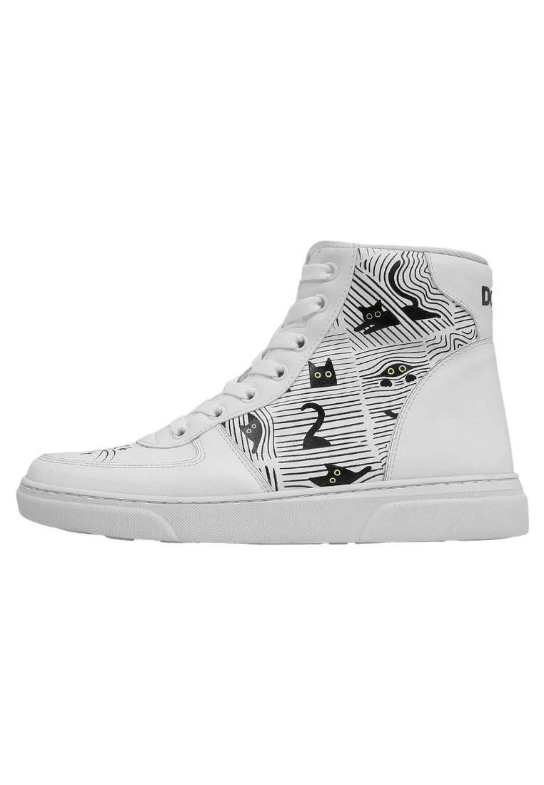 Femme Cuir Vegan Blanc Baskets Hautes - Black Cats Only Motif